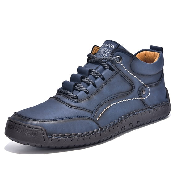 PLERISE Men's Mid-Top Casual Handmade Leather Shoes, Vintage Stitched Barefoot Design, Comfortable Spring and Autumn Footwear for Walking, Travel, and Everyday Wear