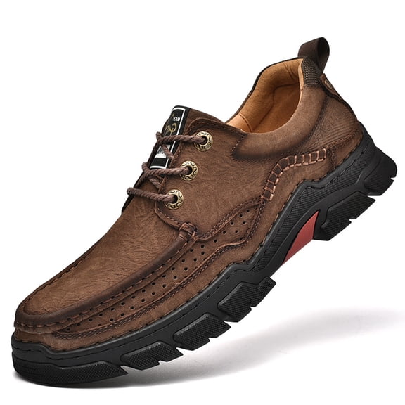 PLERISE Men's Outdoor Hiking Shoes, Durable Leather Casual Shoes with Rugged Rubber Sole for Climbing, Walking, Travel, and Everyday Adventure
