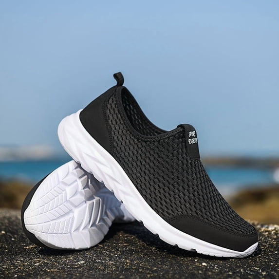 PLERISE Men's Slip-On Mesh Walking Shoes, Lightweight Breathable Sneakers, Cushioned Non-Slip Loafers for Summer Work, Travel, Everyday Comfort
