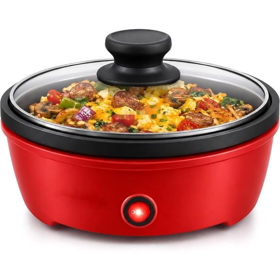 PLERISE Personal Stir Fry Griddle Pan, 650W Non-Stick Electric Skillet with Rapid Heat Up & Tempered Glass Lid, Red