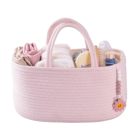 PLERISE Portable Baby Diaper Caddy Organizer with Rope Handles, Nursery Storage Bin Basket, Changing Table & Car Travel Tote Bag, Pink Newborn Essentials Gift