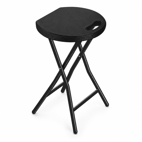 PLERISE Portable Folding Stool with Handle, 18 Inch Black Foldable Chair with Heavy Duty Steel Legs, Round Plastic Seat, 500 lb Capacity, Space Saving Stool for Kitchen, Dorm, Vanity, Camping and Out