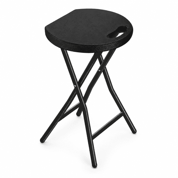 PLERISE Portable Folding Stool with Handle, 18 Inch Black Foldable Chair with Heavy Duty Steel Legs, Round Plastic Seat, 500 lb Capacity, Space Saving Stool for Kitchen, Dorm, Vanity, Camping and Out