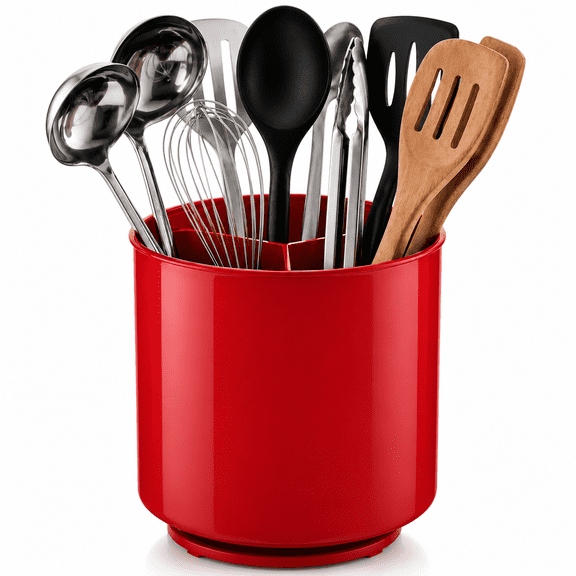 PLERISE Red Rotating Kitchen Utensil Holder, Extra Large 7 x 7 Inch Plastic Utensil Crock with Removable Divider, Weighted Base, Gripped Insert and Rubber Feet
