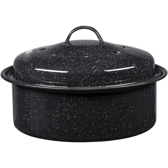 PLERISE Round Covered Roaster with Lid, Speckled Black Enamel Baking Pan for Oven, Roasting Chicken, Turkey and Vegetables