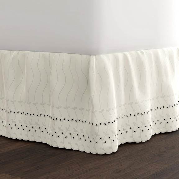 PLERISE Ruffled Eyelet Bed Skirt with 14 Inch Drop, Embroidered Scalloped Edge, Full, Ivory