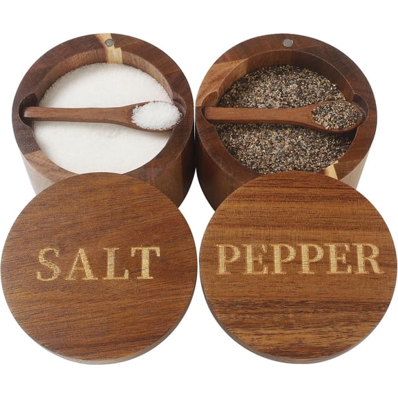 PLERISE Salt Cellar, Salt and Pepper Set, 2 Pieces Acacia Wood Salt Container with Built-in Spoon and Swivel Lid, Engraved SALT and PEPPER Box, Salt Holder for Countertop Seasoning Storage