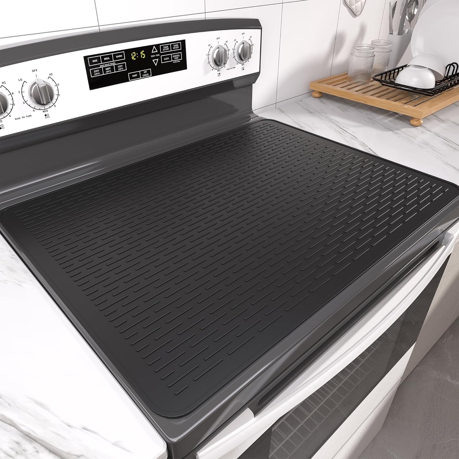 PLERISE Stove Top Cover for Electric Stove- Range Covers for Electric Stove,Silicone XXL Dish Drying Mat, Glass Cooktop Covers, Flat RV Range top Mats (Black, 30"x21") Black,30"x21"