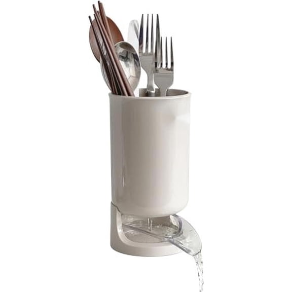 PLERISE Utensil Drying Holder for Kitchen Counter, Self Draining, Small Utensil Cutlery Flatware Silverware Holder Drainer Cup, Beige, 1 Piece