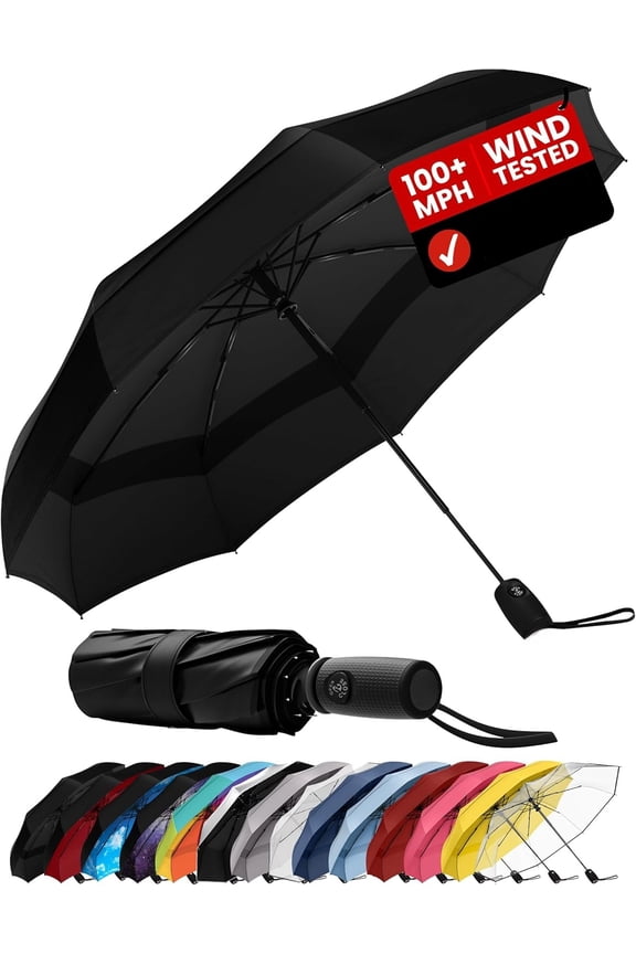Windproof Travel Umbrella - Compact Auto Folding Umbrella withstands Winds up to 100MPH, Strong Lightweight Portable Rain Umbrella for Men Women, Fits Backpack/Purse/Car