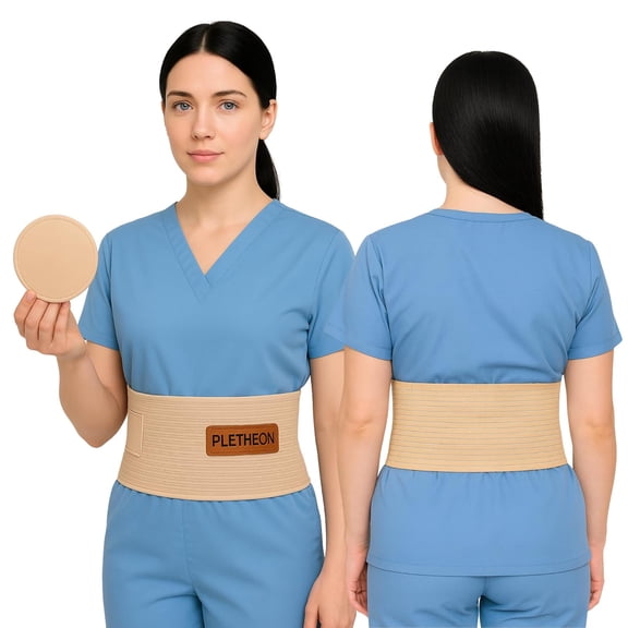 PLETHEON Umbilical Hernia Belt with Compression Pad, Adjustable Navel Support Binder, Breathable Fabric, Unisex (Black)