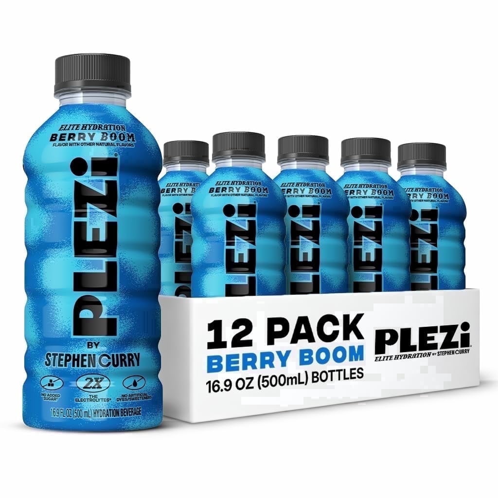 PLEZi Hydration Berry Boom Sports Drink, No Added Sugar, 2X Electrolytes & 560mg Potassium, Made with Real Juice, 16.9 fl oz Bottles, 12 Pack