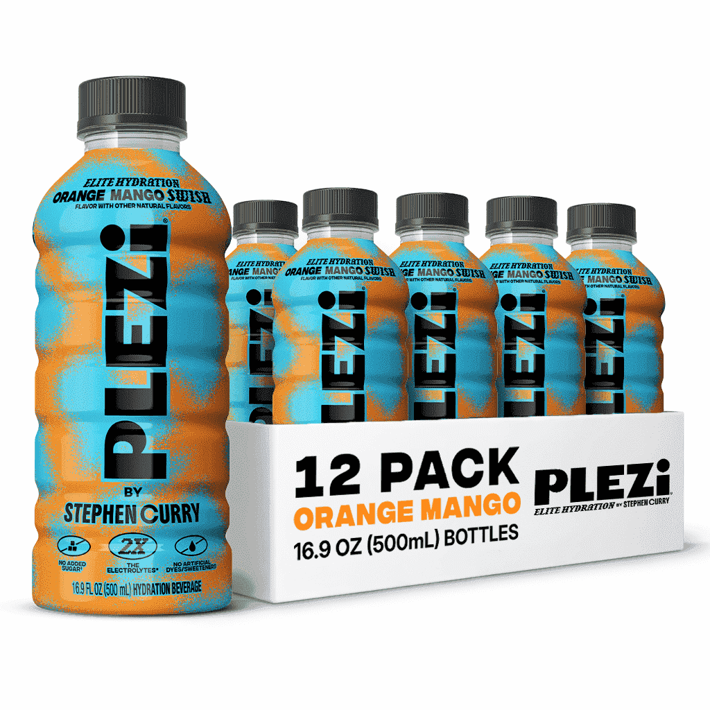 PLEZi Hydration Orange Mango Sports Drink, No Added Sugar, 2X Electrolytes & 560mg Potassium, Made with Real Juice, 16.9 fl oz Bottles, 12 Pack
