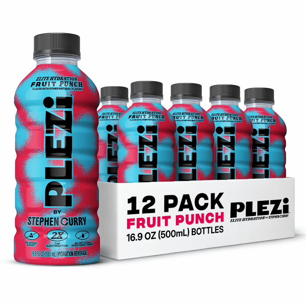 PLEZi Hydration Fruit Punch Sports Drink, No Added Sugar, 2X Electrolytes & 560mg Potassium, Made with Real Juice, 16.9 fl oz Bottles, 12 Pack