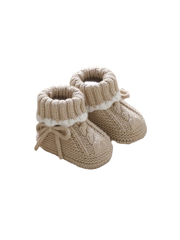 Baby Knitted Lined Booties, Soft Sole Cable Knit Pre Walker Shoes with Bow Tie, Warm Fall Winter Sock Boots for Baby Boys Girls Indoor Wear Khaki 6-12 Months