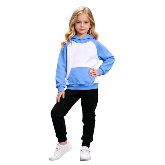 PLHWHYQ Girls Sweatsuit Kids Tracksuit Long Sleeve 2 Piece Toddler Sweat Set Hooded Solid Color Sweatshirt and Jogging Pant Blue-C 7-8 Years