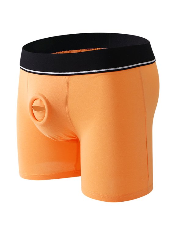 Men’s Cotton Blend Hollow Out Boxer Briefs, Pothole Cutout Underwear, Comfortable Elastic Waist Trunks Orange XXL
