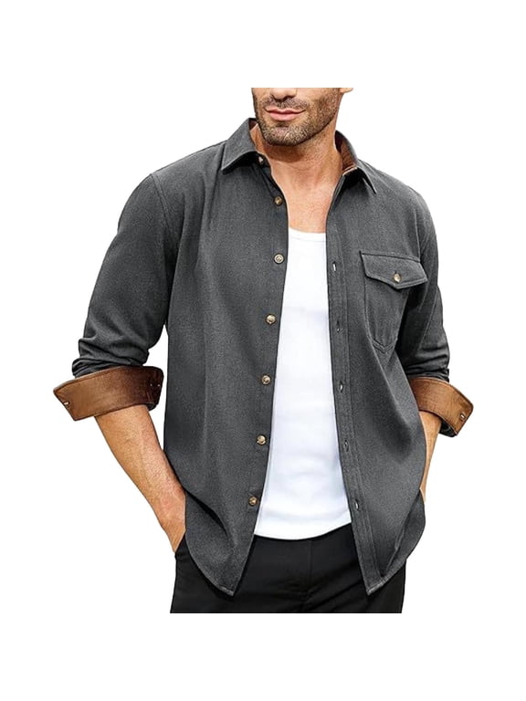 Mens Summer Shirts Flannel Shirt Long Sleeve Casual Button Down Dress Shirts Big Work Shacket Jackets Grey S