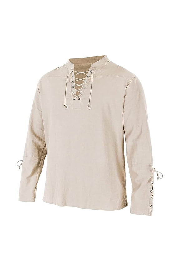 Mens Vintage Steampunk Gothic Shirt Long Sleeve Turn-Down Collar Lace Up Retro Tee Tops Medieval Renaissance Blouse White XL