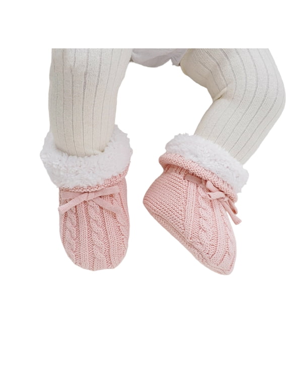 Newborn Baby Cable Knit Winter Booties, Sherpa Lined Warm Soft Pre‑Walker Crib Shoes with Adjustable Tie for Infant Boys Girls Pink 0-3 Months