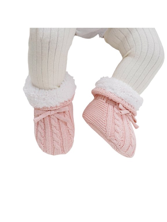 Newborn Baby Cable Knit Winter Booties, Sherpa Lined Warm Soft Pre‑Walker Crib Shoes with Adjustable Tie for Infant Boys Girls Pink 3-6 Months