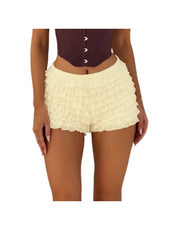 Solid Color Women Lace Mini Skirt Low Rise Micro Skirt Asymmetrical Ruffle Hem Flared Short Pettipants Trousers Everyday Comfort Versatile Bottoms Beige S