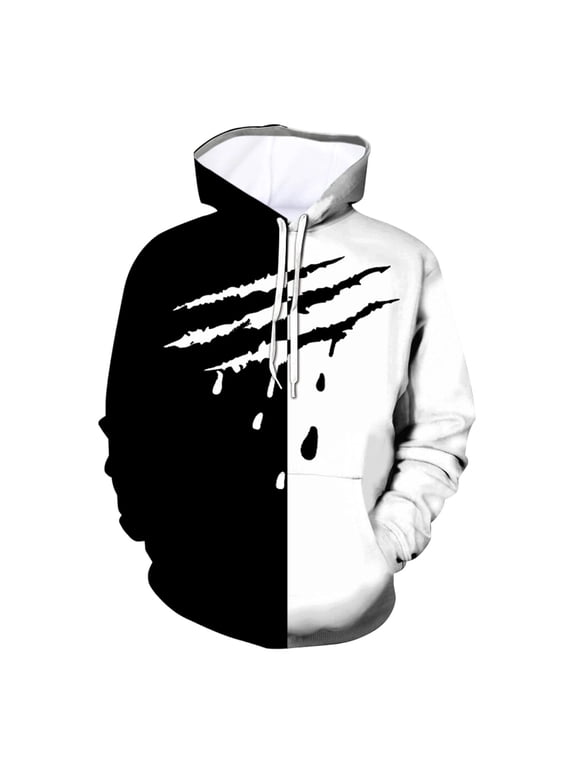 Streetwear Men Long Sleeve Hoodie, Black Red Split Color Claw Print Pullover Casual Fall Sweatshirt White S