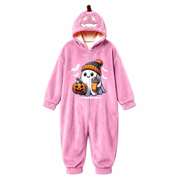 PLHWHYQ Unisex Adult Halloween Hooded Onesie Pajamas, Pumpkin Hat Graphic Zip Up One Piece Jumpsuit, Loungewear Sleepwear Pink-9 S
