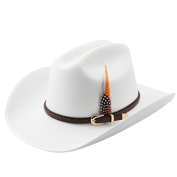 PLHWHYQ Vintage Short Brim Hat for Men Women, Faux Suede Dress Hat with Decorative Feather & Metal Badge White-d A