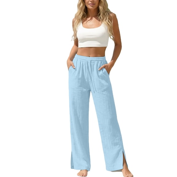 PLHWHYQ Wide Leg Linen Pants for Women Summer Drawstring Elastic Waist Flowy Lounge Pant Loose Fit Dressy Trousers with Pockets