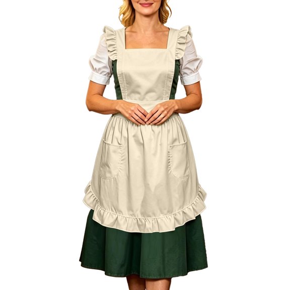 PLHWHYQ Women Linen Pinafore Apron with Pockets, Ruffle Hem Adjustable Tie Back Apron for Cooking Baking Gardening Beige-3 One Size