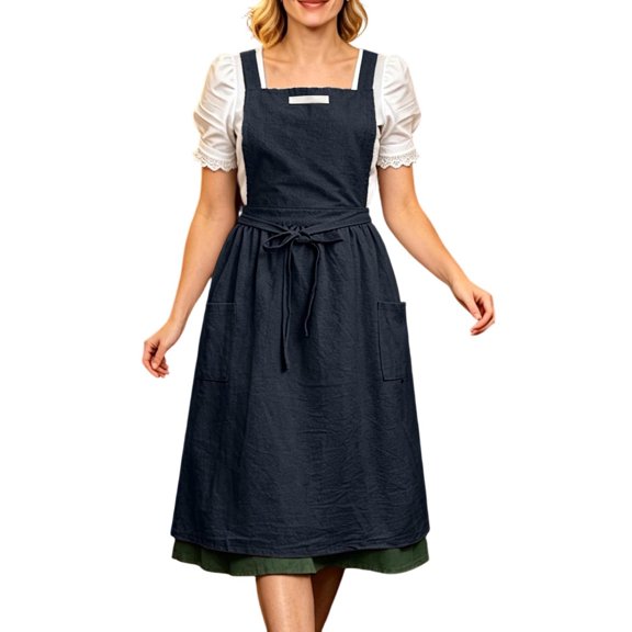 PLHWHYQ Women Linen Pinafore Apron with Pockets, Ruffle Hem Adjustable Tie Back Apron for Cooking Baking Gardening Navy-8 One Size