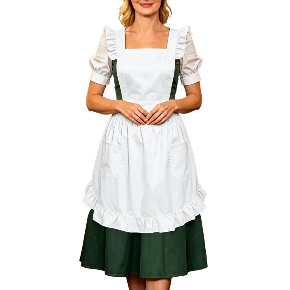 PLHWHYQ Women Linen Pinafore Apron with Pockets, Ruffle Hem Adjustable Tie Back Apron for Cooking Baking Gardening White-3 One Size