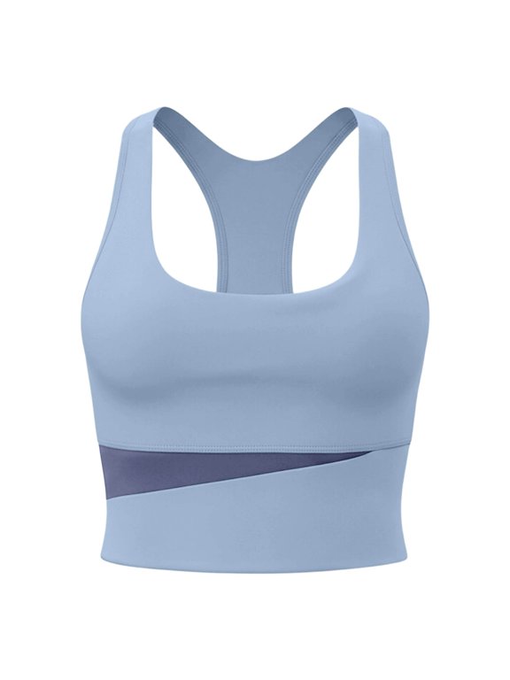 Women Long Racerback Workout Crop Tank Sports Bra, Color Block Shockproof Padded Athletic Top for Running Training Yoga Everyday Wear Light Blue XL
