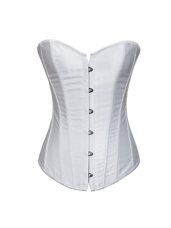 Women Strapless Solid Corset Top, White Satin Waist Shaping Bustier, Front Hook Lace Up Back Party Tank Top White XXXXXL