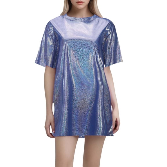 PLHWHYQ Women's Casual Bright Silk Top Flashy, Loose, Short Sleeve T Shirt Lightweight, Suitable for Parties, Hand Wash Only Blue M