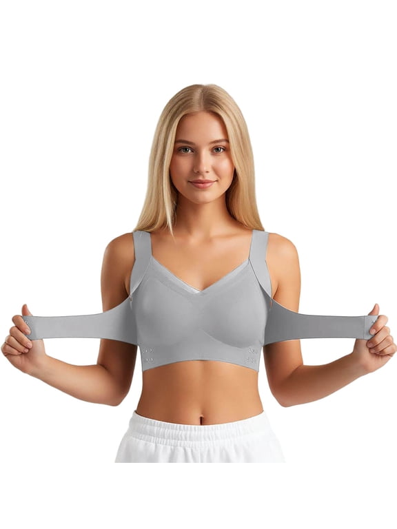 Women's Front Closure Posture Corrector Bra Wireless Cross-Back Seamless Lifting Support Yoga Bras Purple XXL