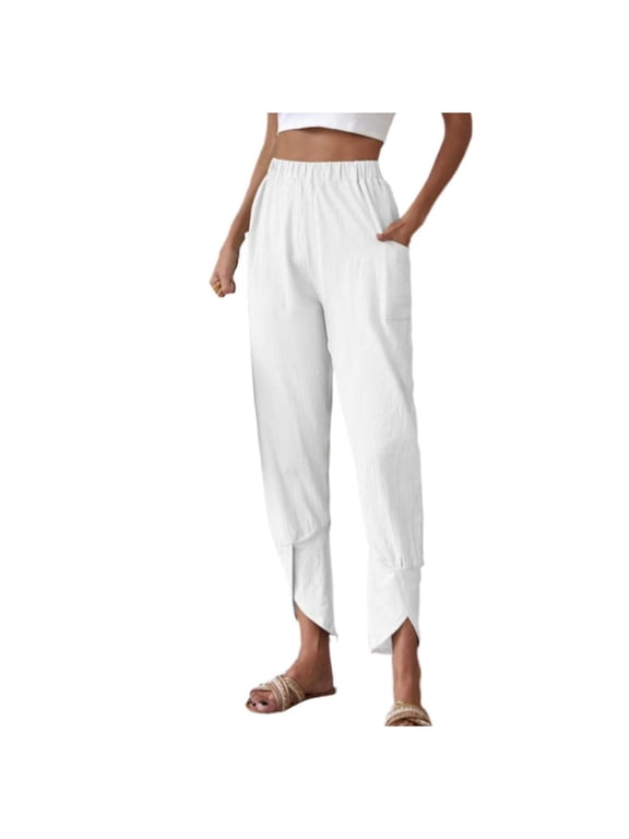 Women's Linen Pants Elastic Waist Split Hem Casual Cropped Trousers with Pockets White XXL