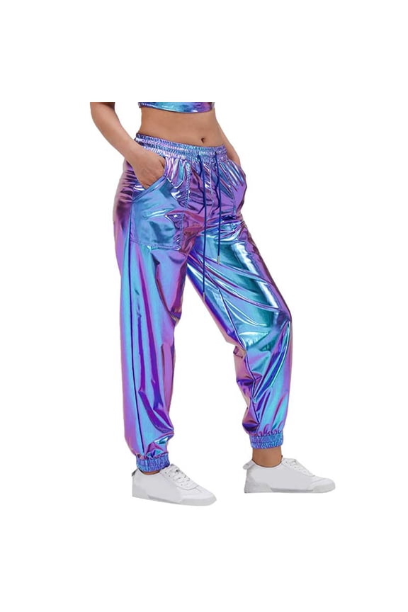 Women's Pants Solid Color Plus Size Pants Street Trend Gold Stamping Sports Style Bright Leather Loose Performance Leggings Blue S