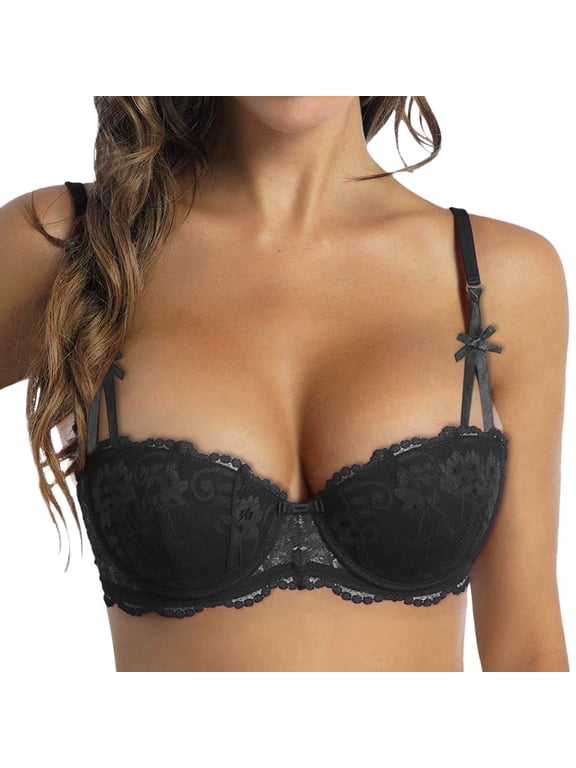 Women's Sexy Lace Bra Sheer Balconette Underwire Unlined Everyday Bras Lingerie Black 34-M