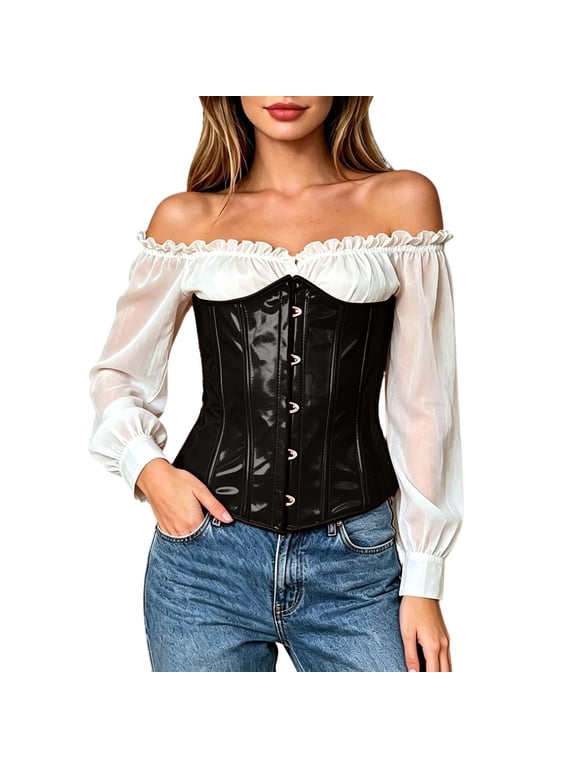 Women's Shiny PU Underbust Corset, Sweetheart Neck Waist Trainer with Front Busks, Hourglass Body Shaper Cincher for Daily Outfit Black XXL