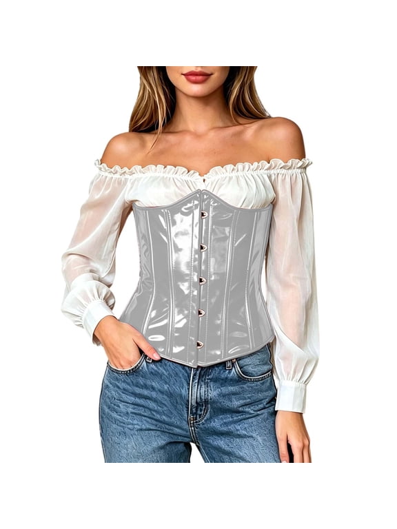 Women's Shiny PU Underbust Corset, Sweetheart Neck Waist Trainer with Front Busks, Hourglass Body Shaper Cincher for Daily Outfit Silver XXS