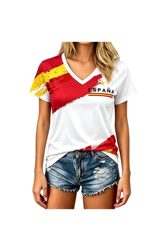 Women’s Spain Flag Inspired Soccer V-Neck Short Sleeve T-Shirt