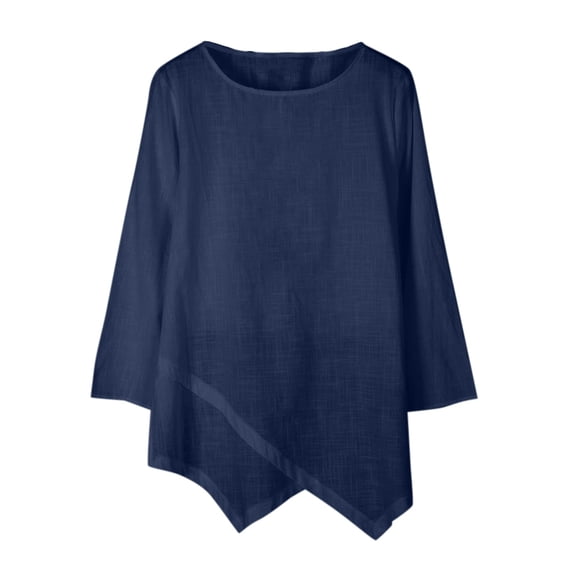 PLHWHYQ Women's Spring Summer Long Sleeve T‑Shirt, Round Neck Irregular Hem Solid Color Casual Loose Top Blue M