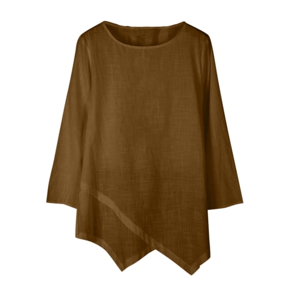 PLHWHYQ Women's Spring Summer Long Sleeve T‑Shirt, Round Neck Irregular Hem Solid Color Casual Loose Top Coffee XXL