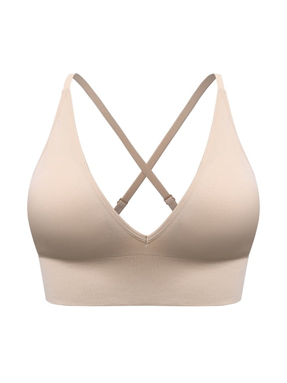 Women's V-Neck Longline Sports Bra, Adjustable Thin Strap Padded Cup Fitness Yoga Short Top Beige S