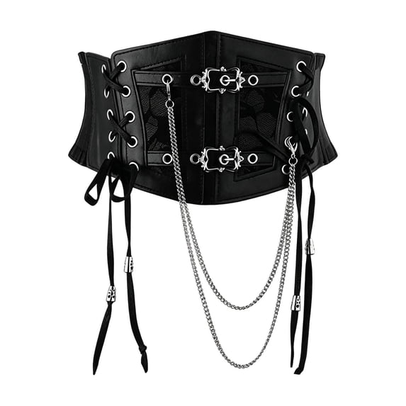 PLHWHYQ Women's Wide Waspie Corset Belt, Faux Leather Mesh Lace Up Waist Cincher with Vintage Double Metal Buckle Black M