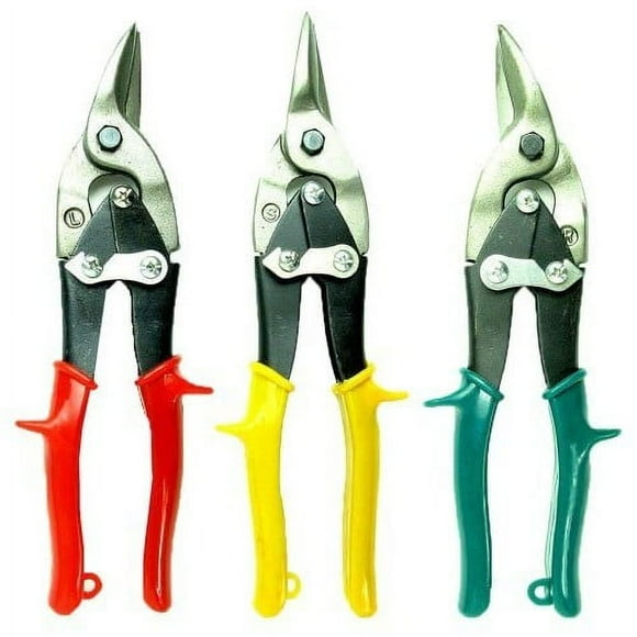 PLIER KING Heavy Duty 3-Piece Aviation Tin Snip Set  Straight, Left, and Right Cuts  1-3/8-Inch Cut Length  For Aluminum, Sheet Metal, Leather, Tile, and More