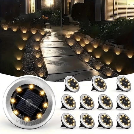VUVIMEX 12PACK Solar Ground Lights Outdoor,8 LED Solar Powered in Ground Disk Light for Driveway Walkway Pathway Lawn Patio Yard Outside Garden Decor