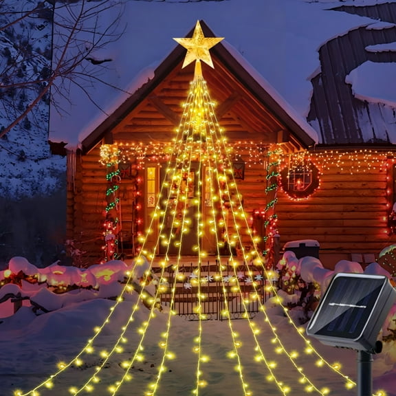 PLINVON Christmas Tree Light Decorations Solar Powered, Outdoor Chtistmas String Lights with 8 Lighting Modes for Christmas Tree Holiday Decor, Warm white